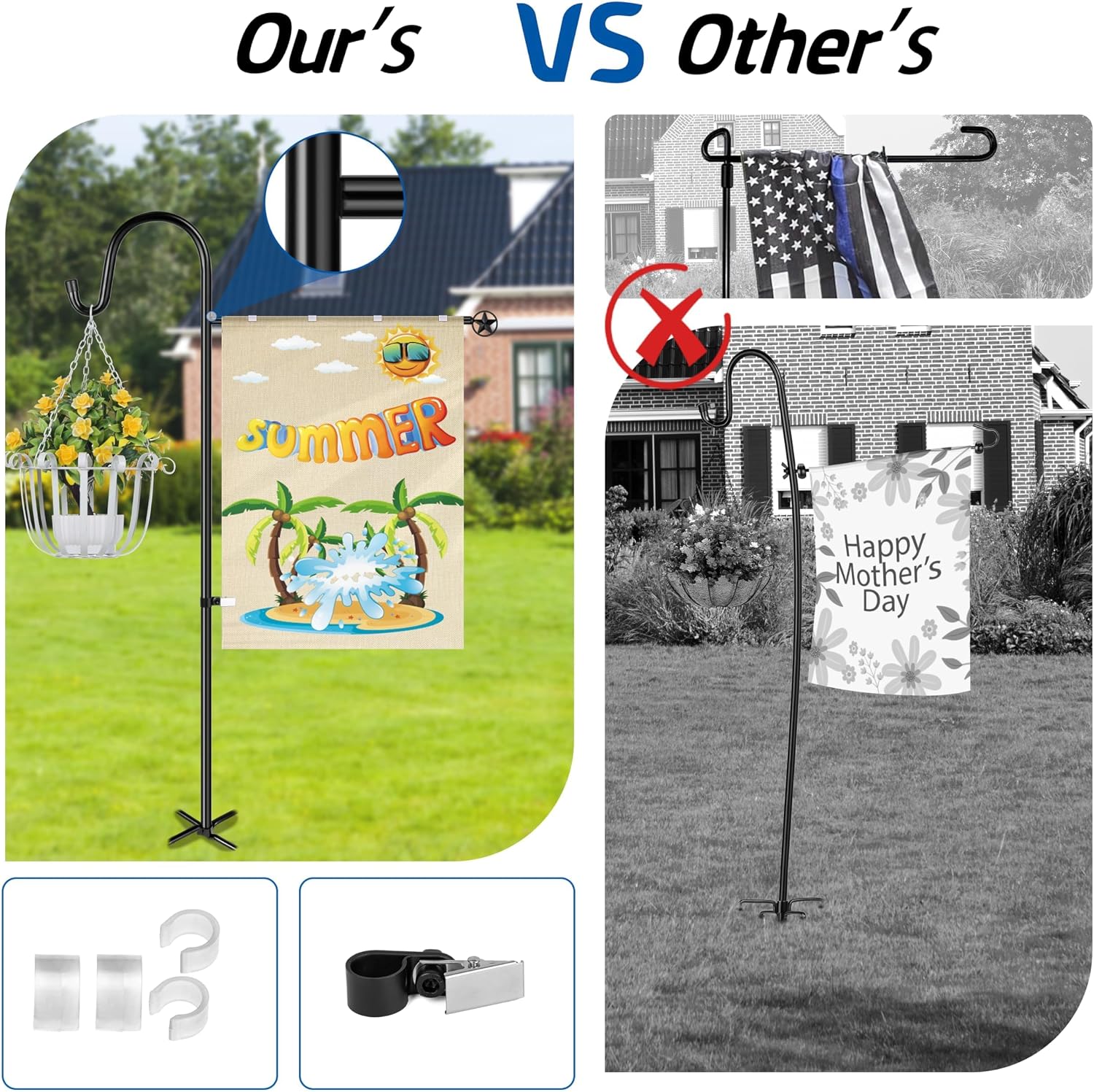 Garden Flag Stand, Heavy Duty Flag Pole Holder with Shepherd Hook for Yard Decoration, 60 INCH Sturdy Yard Flag Post