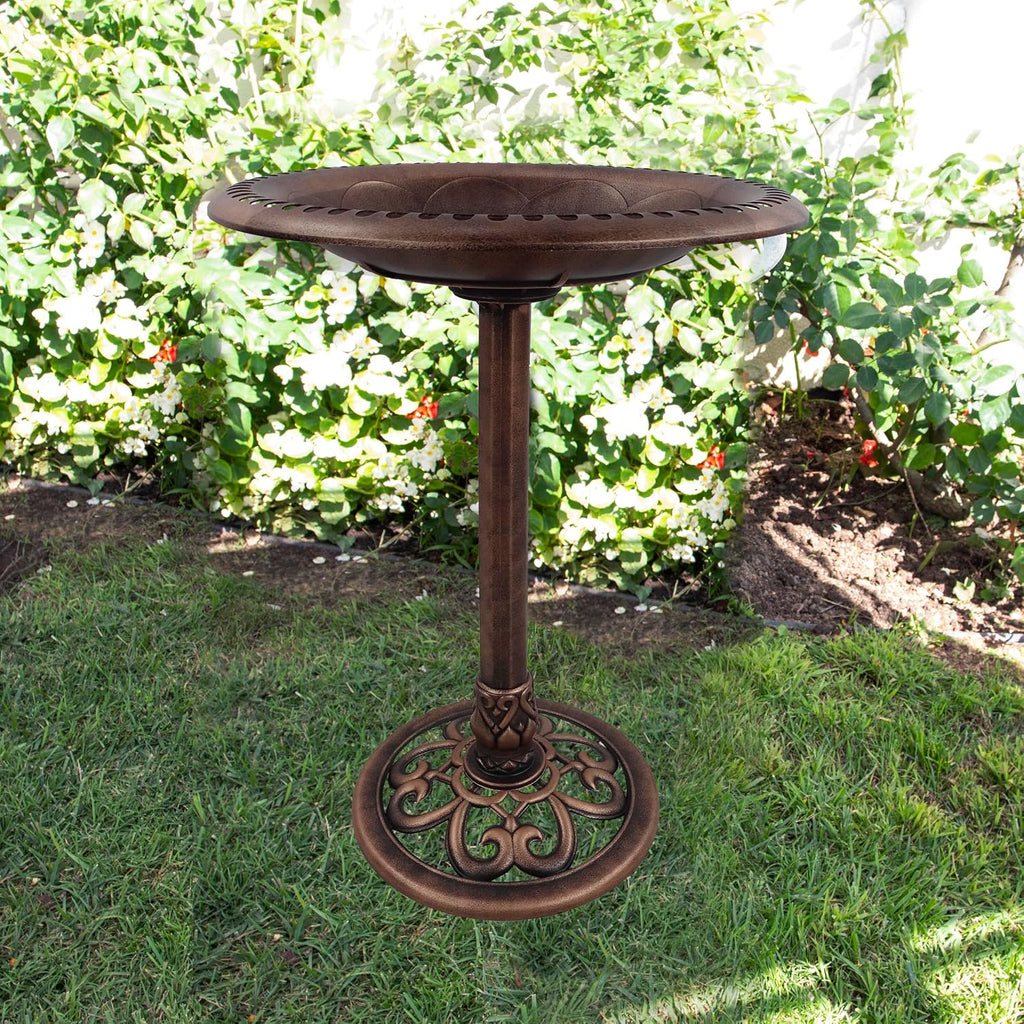 Alpine Corporation | 28" Bronze Outdoor Pedestal Birdbath with Scrollwork Base and Ground Stakes — Elegant Garden