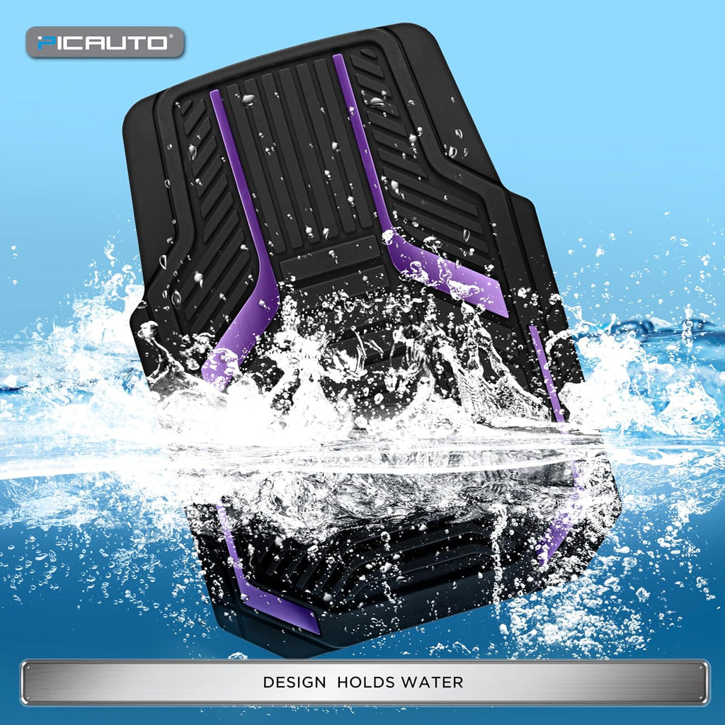 Heavy Duty Rubber Floor Mats, Purple Aluminum Film Car Mats Set, Front and Rear Car Mats with Anti-Slip Backing, All