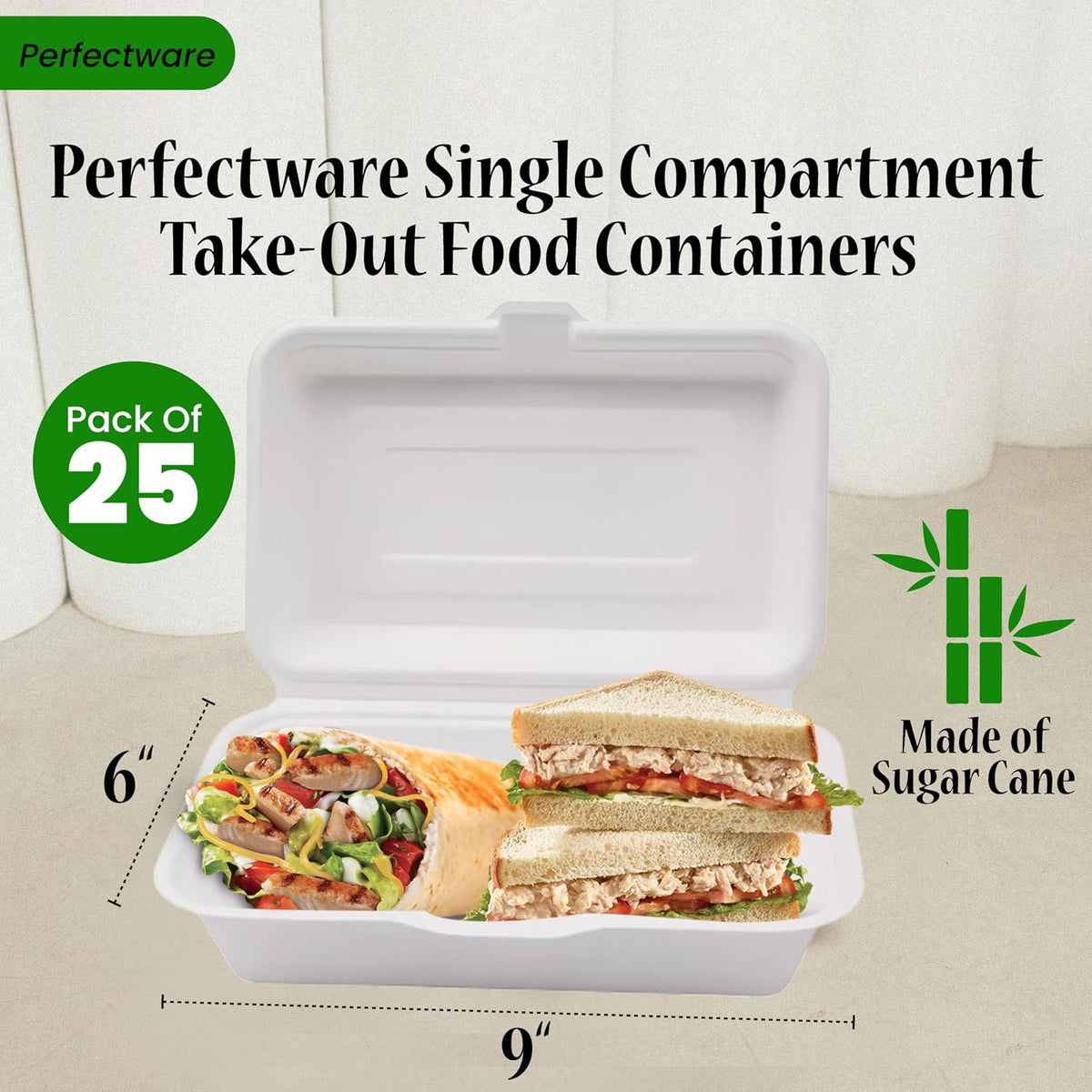 100% Compostable Single Compartment Take Out Food Containers 9x6". 25 Containers, Natural Disposable Bagasse