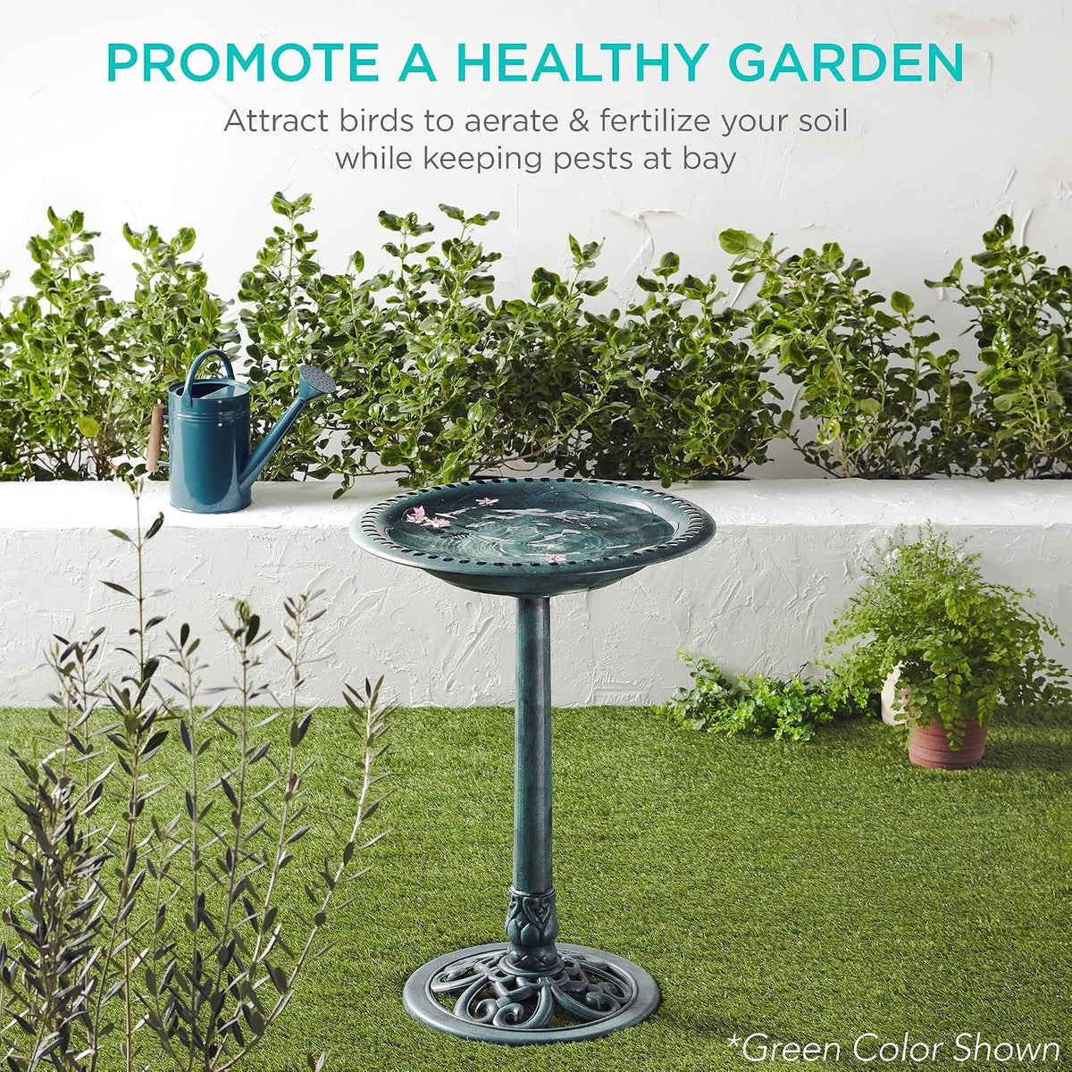 Bird Bath, 28in Outdoor Resin Pedestal - Peacock Blue