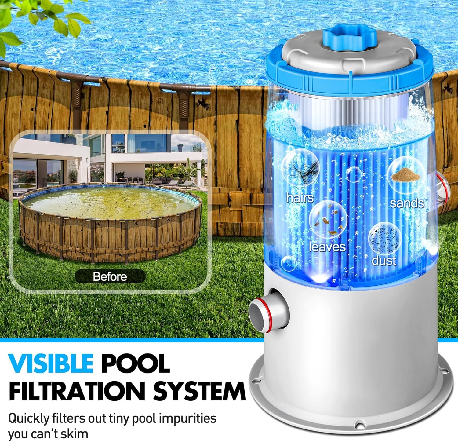 1000 GPH Light-Up Pool Filter Pump for Above Ground Pool|Built-in Blue LED Light,Transparent Housing for Real-Time