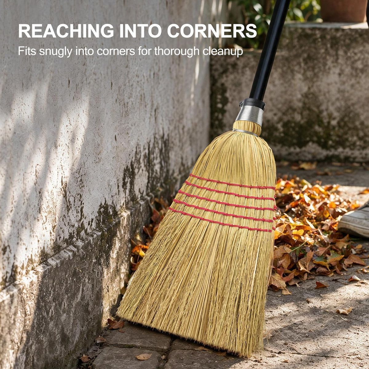 Natural Corn Broom Heavy Duty for Yard, Garden & Garage Cleaning