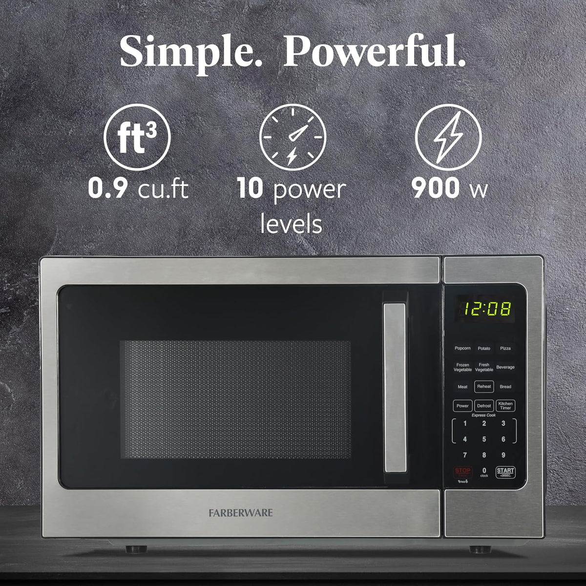 0.9 Cu. Ft. Countertop Microwave Oven – 900 Watts Power, Auto Cook Settings, Defrost, Easy Clean and Child Safety