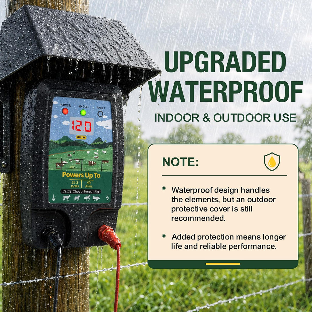 Electric Fence Charger 15 Miles, 12KV Pulse Charger AC/DC Solar Compatible, Heavy Duty Livestock 2J Fence Charger for