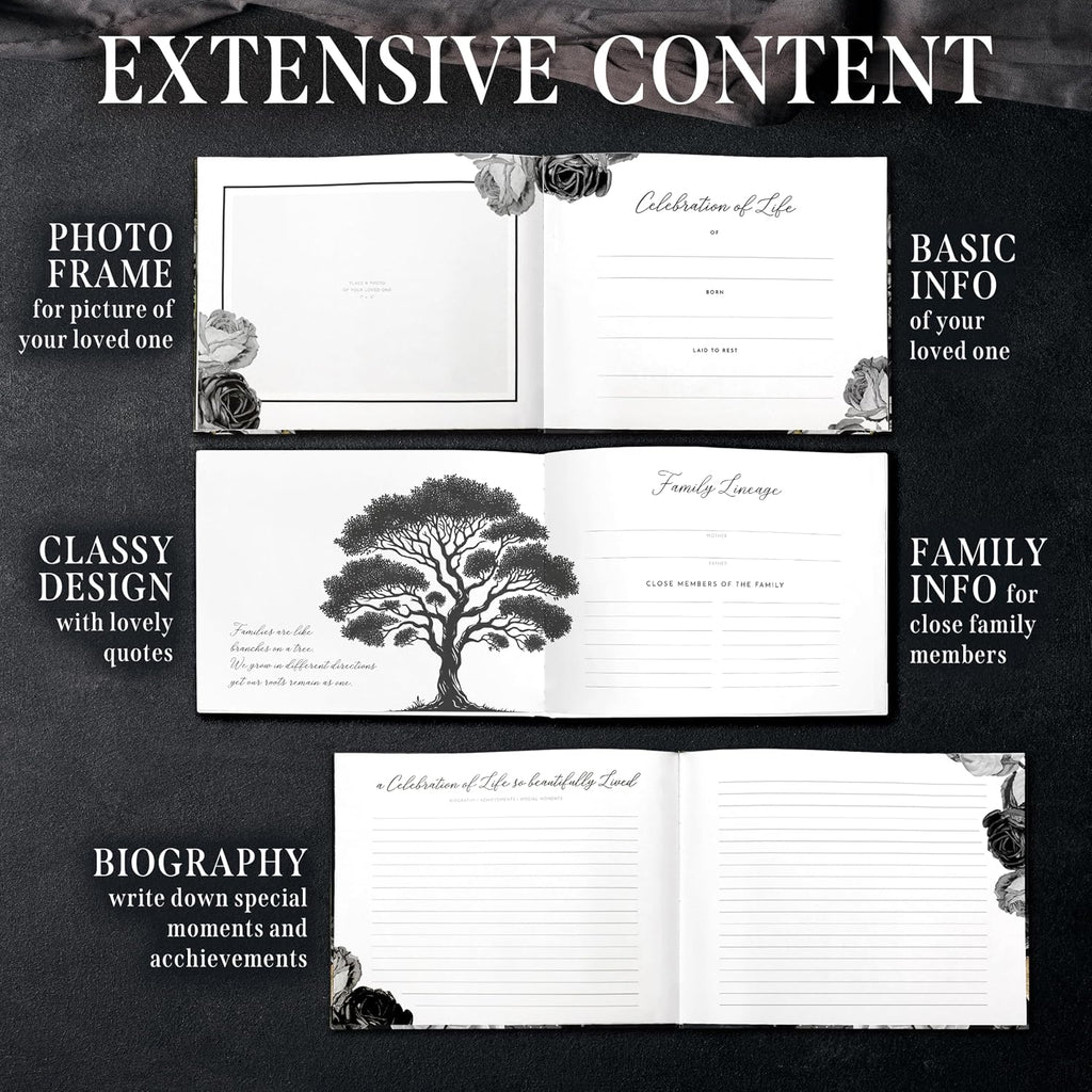 Elegant Black Floral Funeral Guest Book,"Celebration of Life" Gold Stamped Cover with Photo Slot,Includes Silver Pen