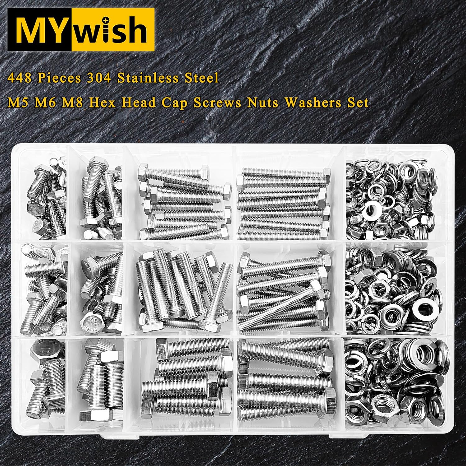 448PCS M5 M6 M8 Screw Set, Metric Bolt Assortment, 304 Stainless Steel, Nuts and Bolts Set Flat & Spring Washers, Hex