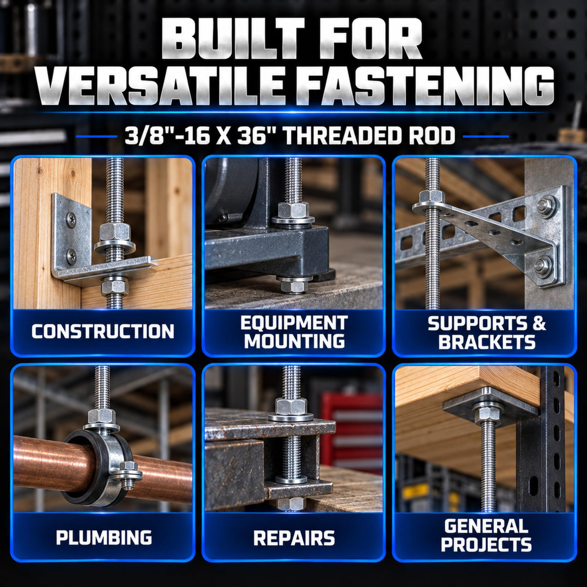304 SS Fully Threaded Rod, 3/8"-16 x 36, 4-Pack