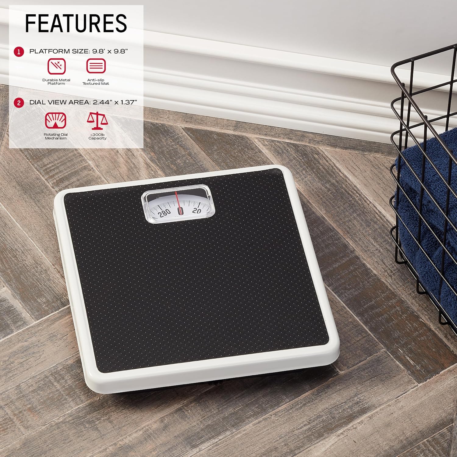 Analog Bathroom Scale for Body Weight, White with Black Mat, 300 lb Capacity in 1 lb Increments, 9.8 x 9.8 in
