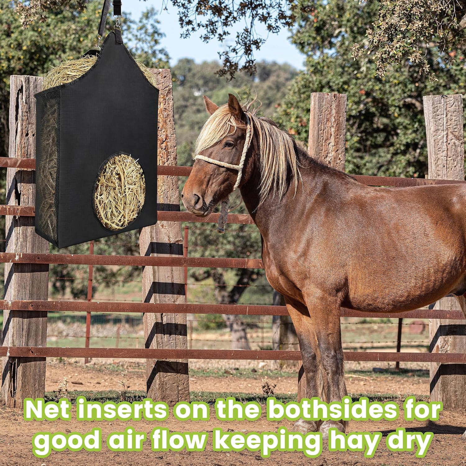 Horse Hay Bag Feeder, Slow Feed Hay Bag Suitable for Goats, Donkeys, and Horses, with Metal Ring and Adjustable Strap