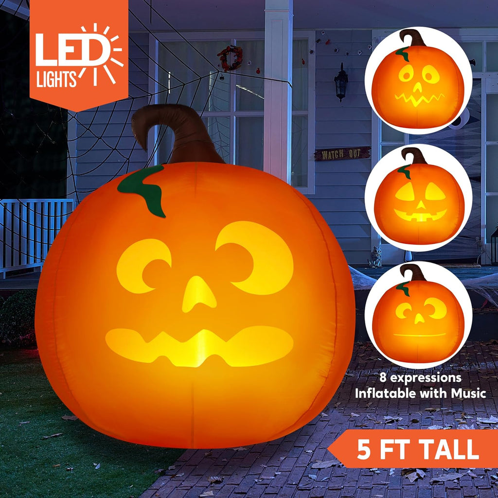 5 Ft Tall Halloween Inflatable Pumpkin Outdoor Decoration, Blow Up Pumpkin with Projector Face and Music, Blow Up