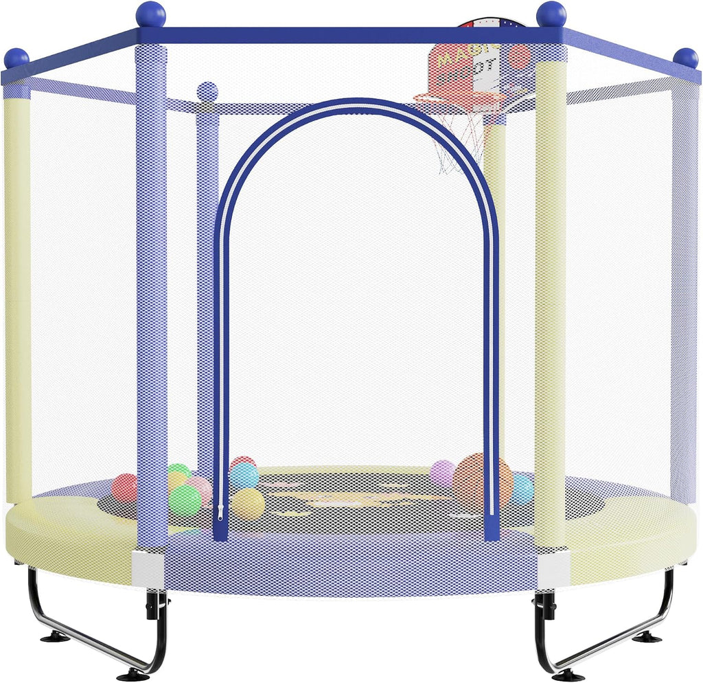 60" Trampoline for Kids, 5 FT Indoor & Outdoor Toddler Baby Trampoline with Basketball Hoop, Safety Enclosure