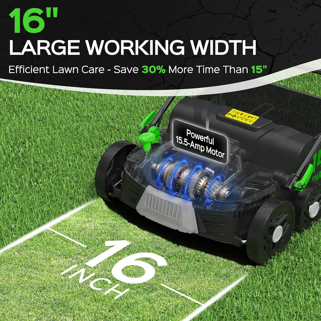 2026 Upgrade 16-Inch 15.5 Amp 2-in-1 Electric Dethatcher and Scarifier with 14.5-Gallon Collection Bag, Lawn