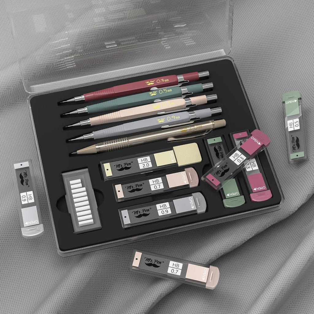 Art Mechanical Pencil Set, 5 Sizes (0.3, 0.5, 0.7, 0.9, 2.0mm) | 5 HB Lead Refills & 10 Eraser Refills, Precision
