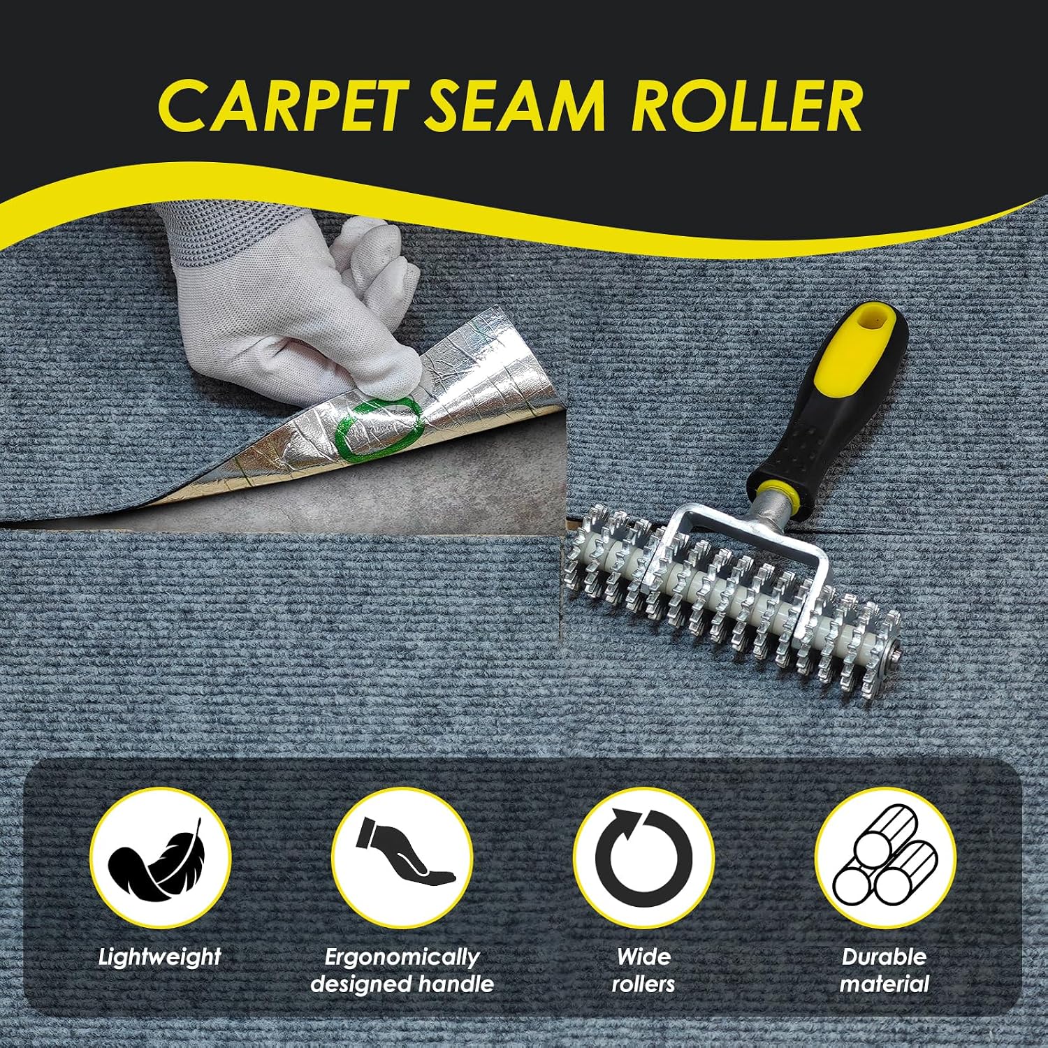 Carpet Seam Roller Tool - Ergonomic Non-Slip Handle for Easy Use, Hot Melt Tape Roller for Loop Pile Carpets