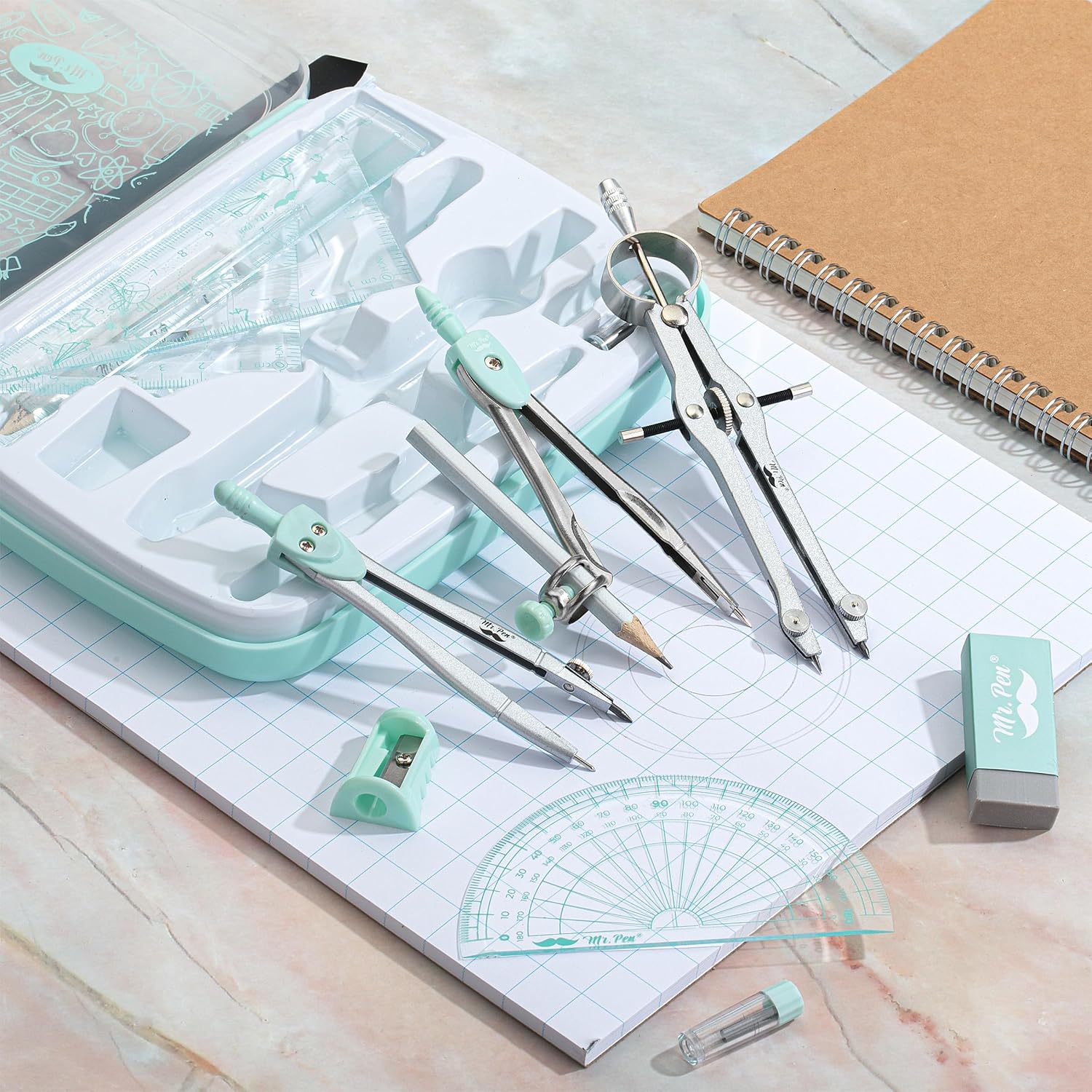 Geometry Set, 13 pcs, 3 Metal Compasses, Protractor, 6" Ruler | 45° & 30°/60° Set Squares, Pencils, Lead Refills