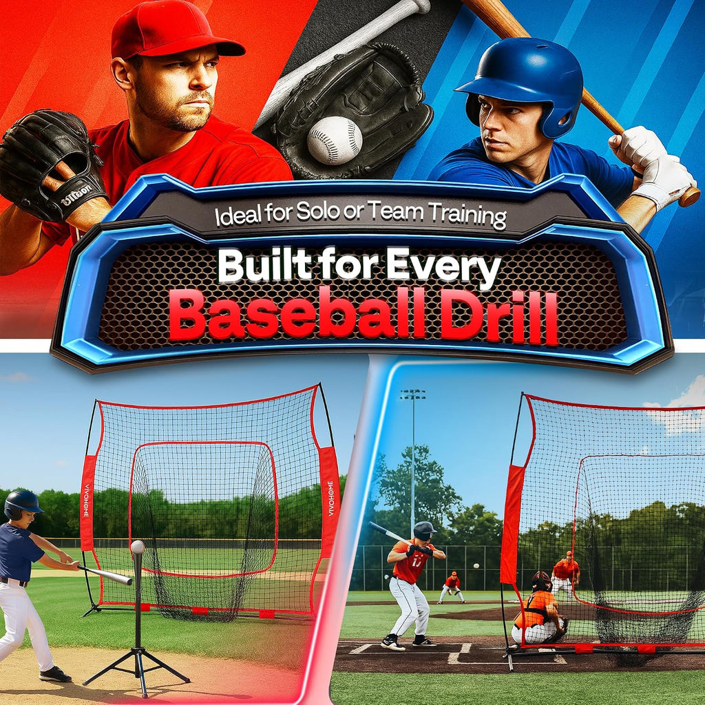 Baseball & Softball Training Net with Batting Tee, 7 x 7 ft. | Height-Adjustable Tee, Aluminum Frame, Large Sock Net