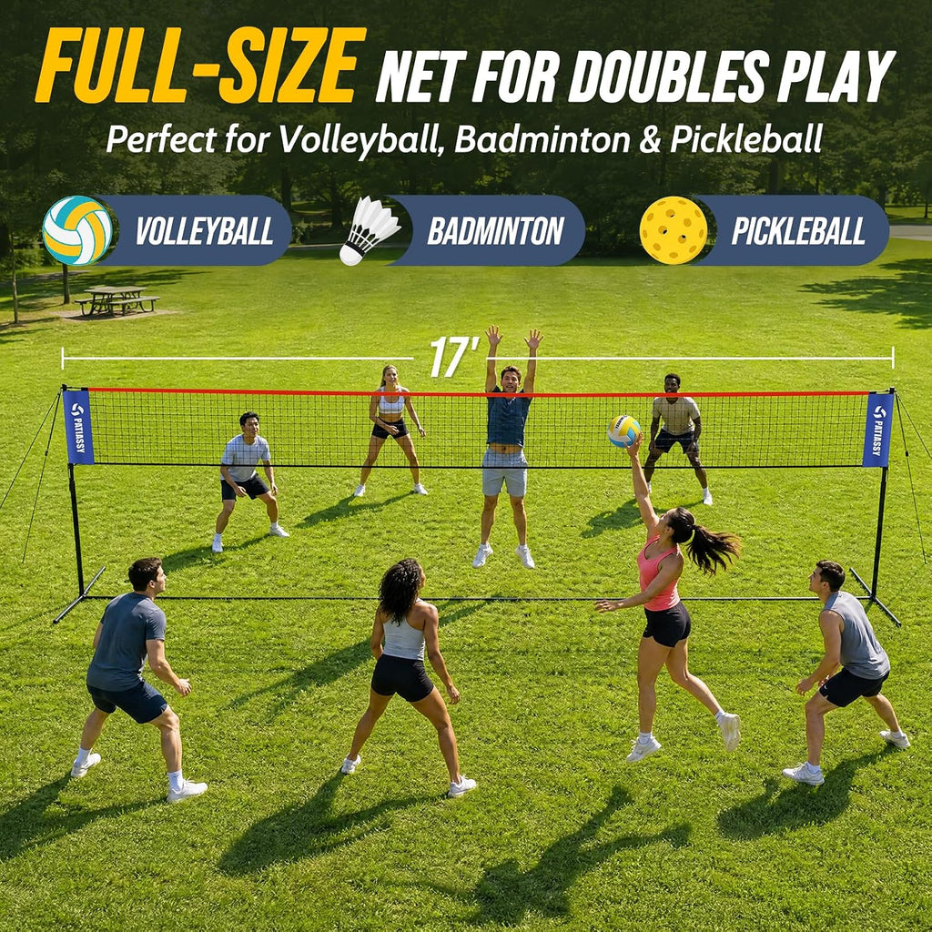 3-in-1 Badminton Volleyball Pickleball Net Set Adjustable Height | Backyard Outdoor Games, 17FT Portable Net, Height