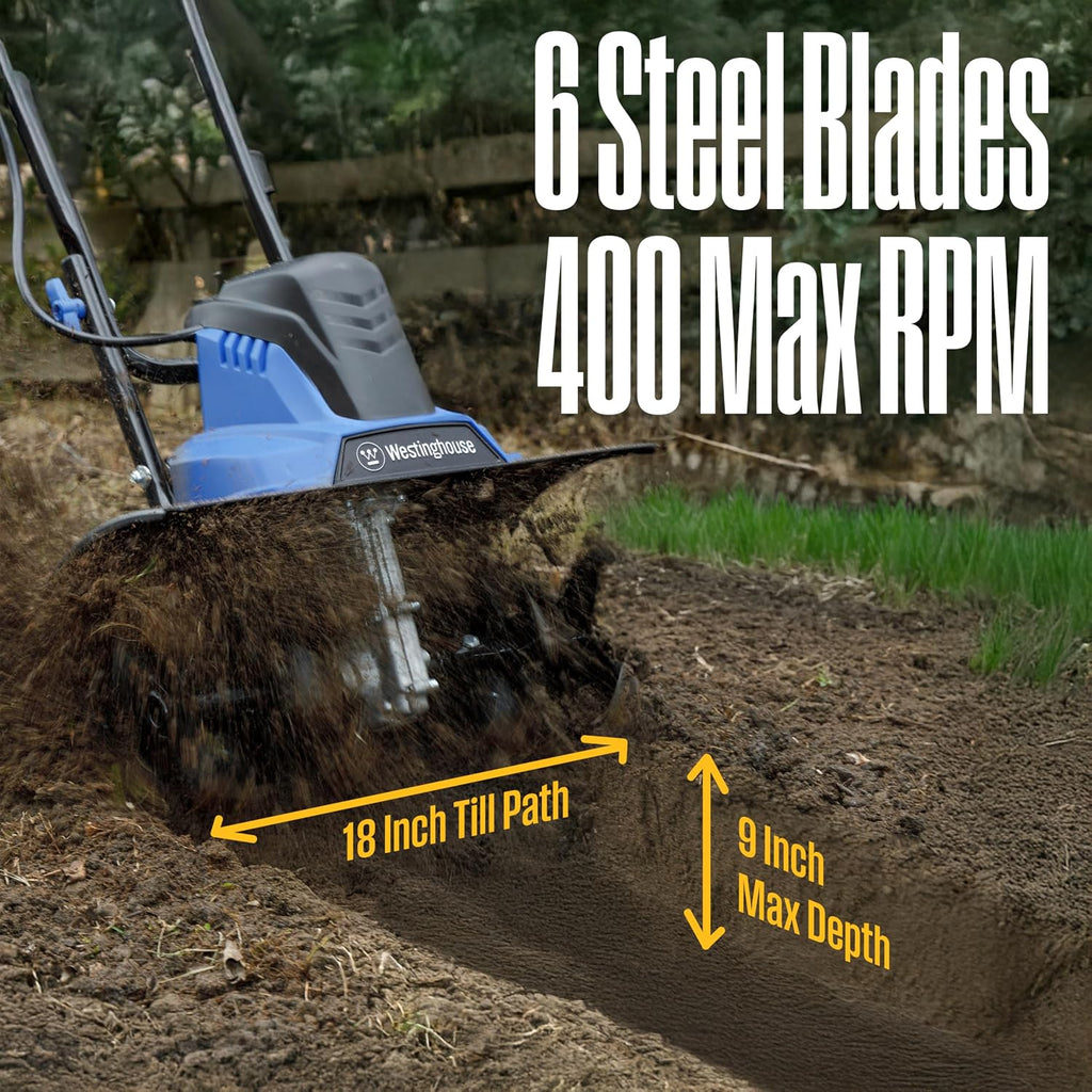 18-Inch, 15 Amp Corded Electric Tiller Cultivator for Gardening with 6 Steel Blades