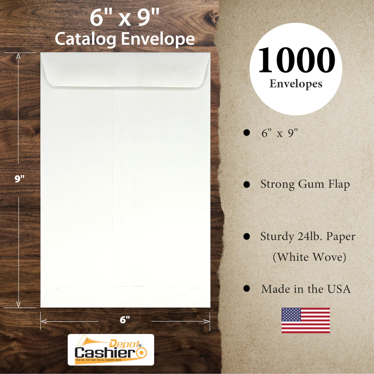 1000 Cashier Depot - 6" x 9" Catalog Envelopes – Open End – Sturdy 24lb White Wove – Gum Flap Closure – Professional