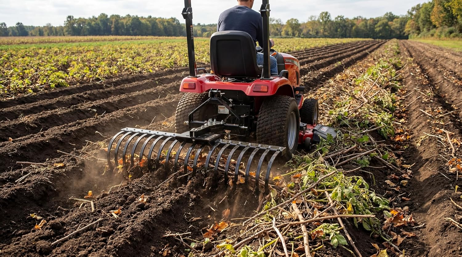 IMPACT IMPLEMENTS Cat-0 Agricultural Field Landscape Rake with Spring Steel Tines for Quick Clearing of Field Debris