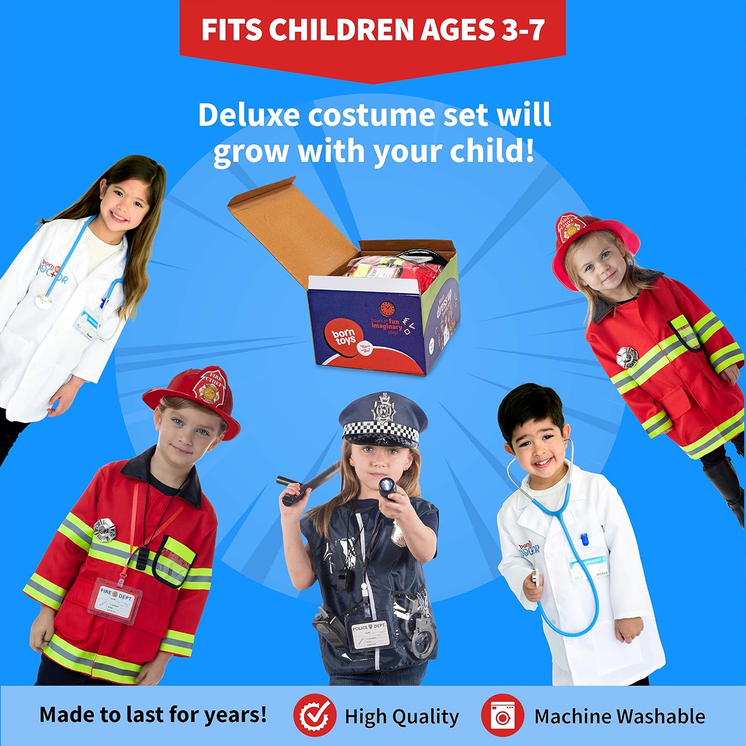 3-in-1 Kids Dress Up Clothes, Police, Firefighter, Doctor, 3+ | Machine-washable pretend-play toddler costume set