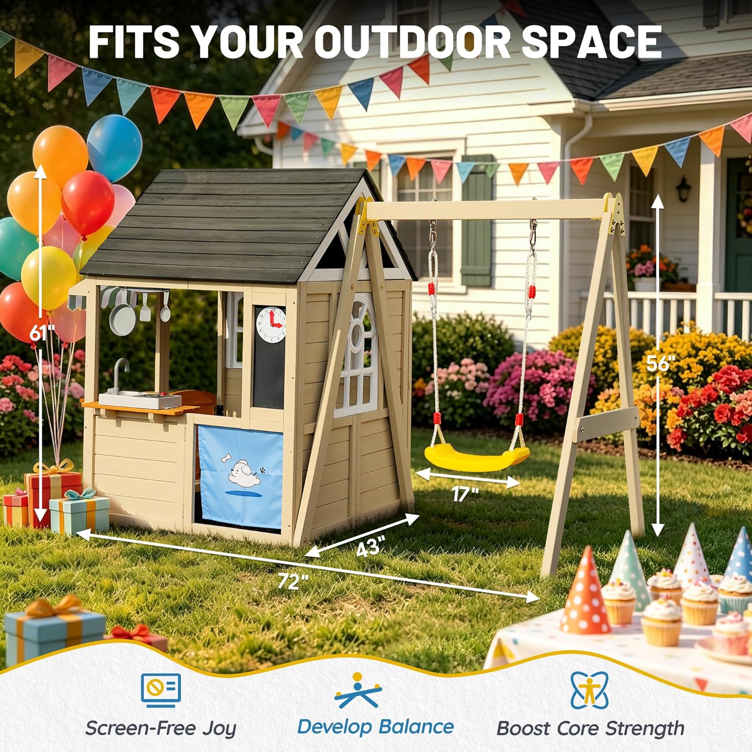 Wooden Playhouse with Swing Set for Kids, Ivory White Cedar Wood Outdoor Playset with Pet Door & Game Board