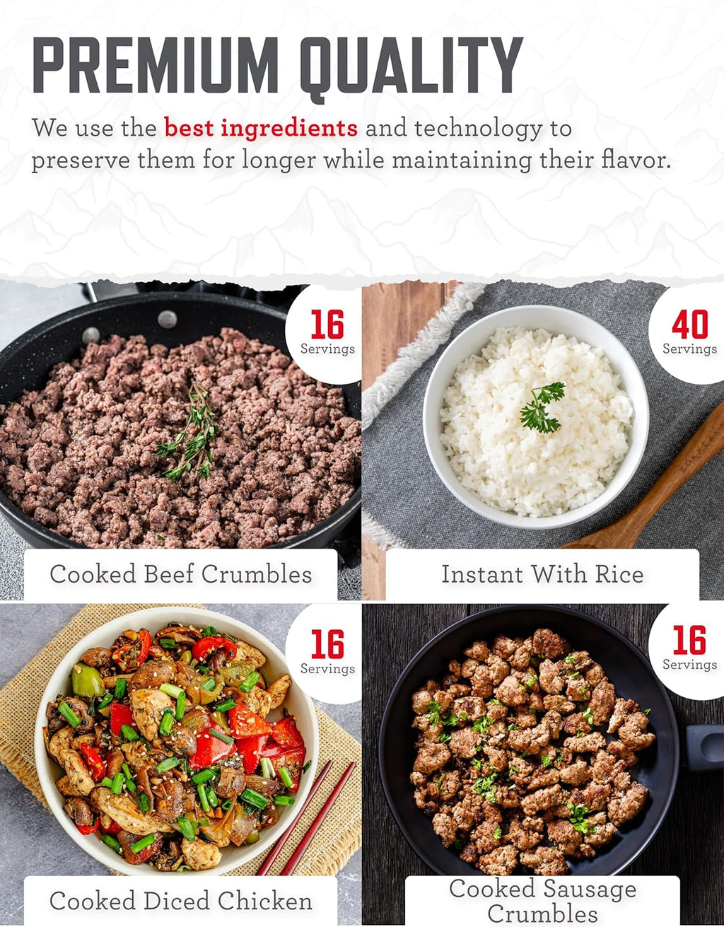 Emergency Food Supply - 88 Servings Meat & Rice Bucket, Freeze Dried Protein Meals, Camping Essentials, Bulk Rice &