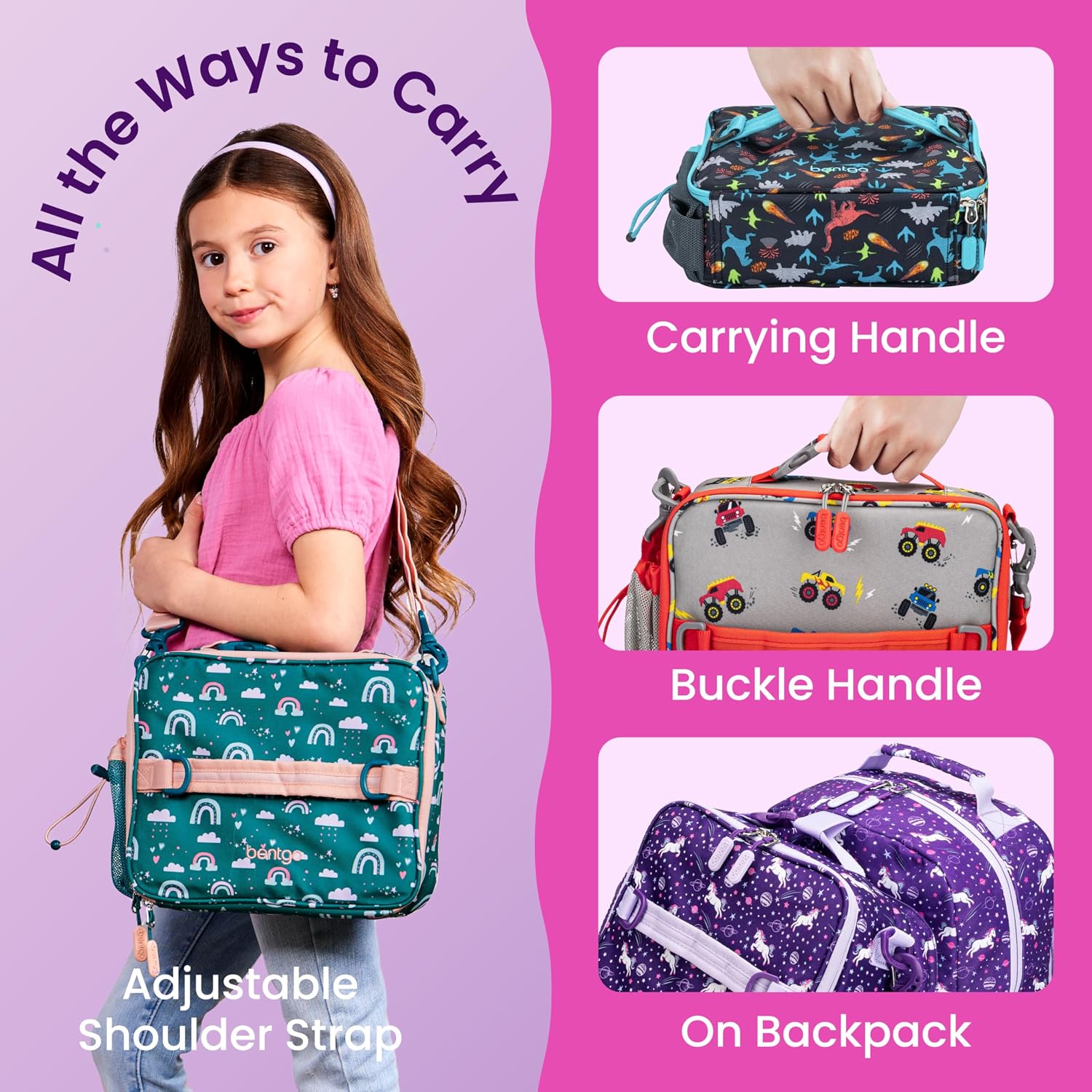 Kids Prints Double-Insulated Reusable Lunch Bag | For Kids 3+, Adjustable Strap; Holds Lunch Box/Water Bottle/Snacks;