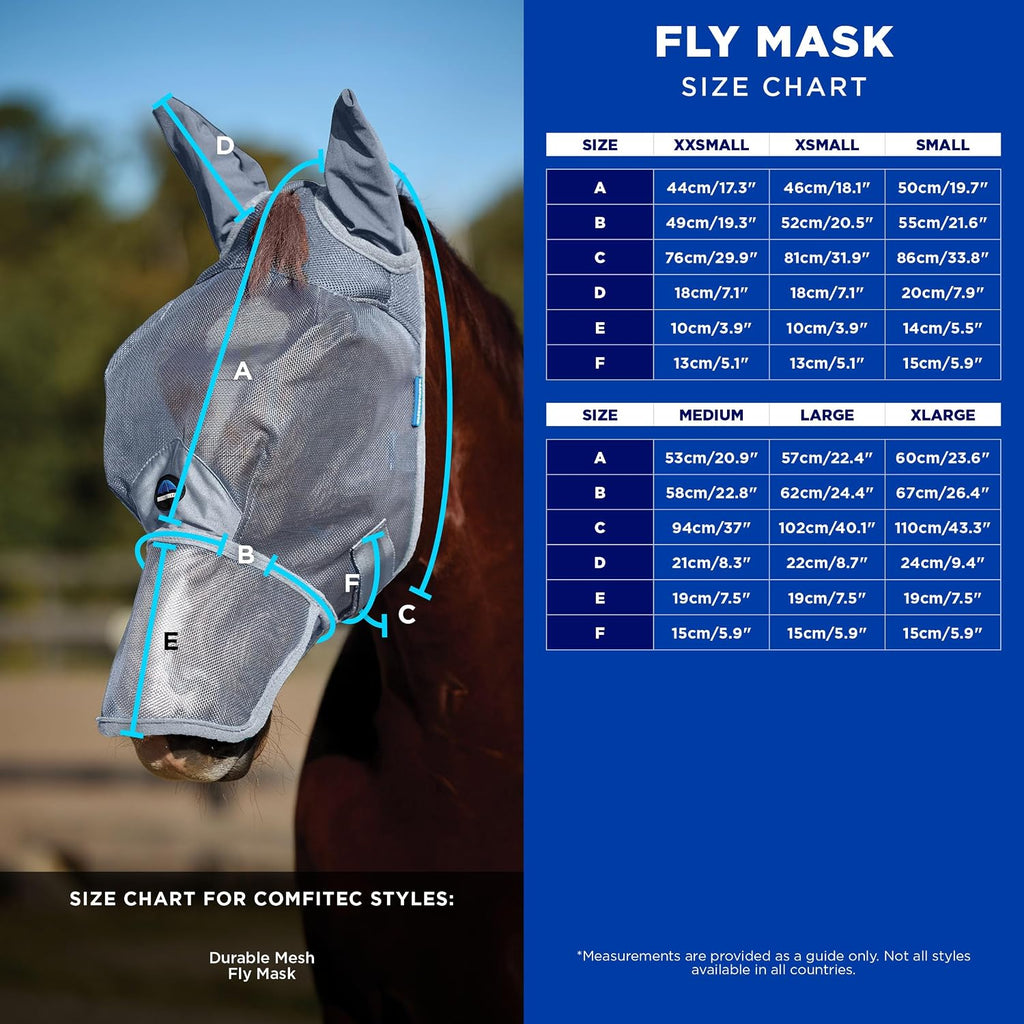 ComFiTec Durable Mesh Fly Mask with Ears, Grey, Large