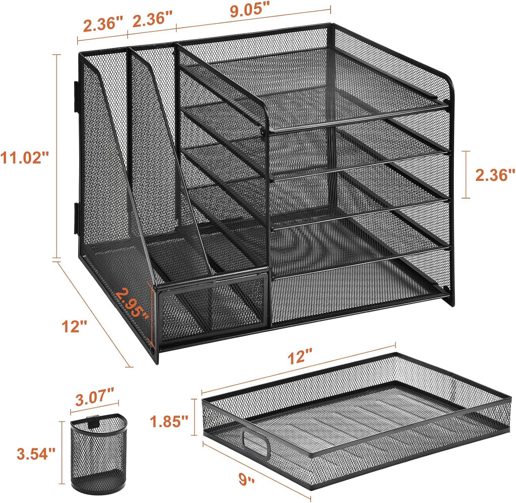 Desk Organizer with File Holder, 5-Tier Paper Letter Tray Organizer with Drawer and 2 Pen Holder, Mesh Desktop