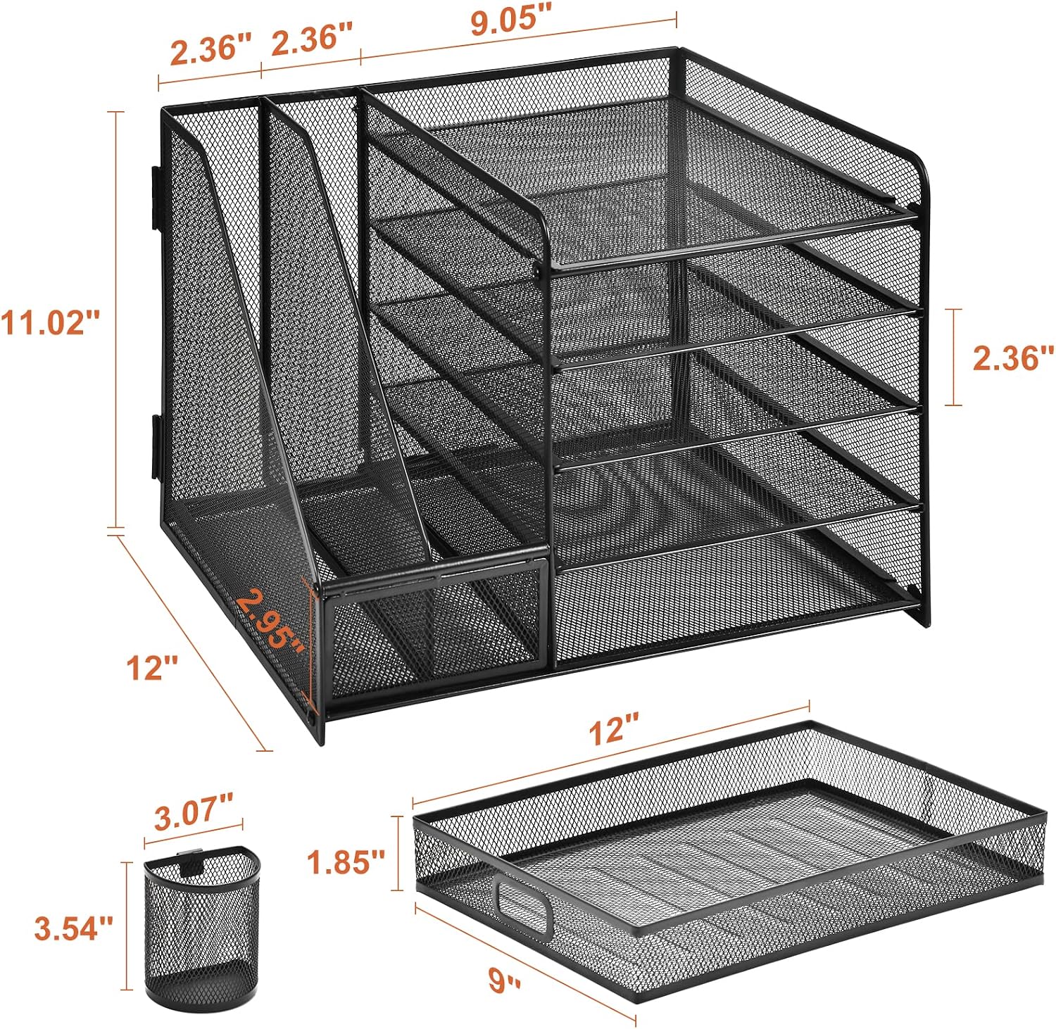 Desk Organizer with File Holder, 5-Tier Paper Letter Tray Organizer with Drawer and 2 Pen Holder, Mesh Desktop
