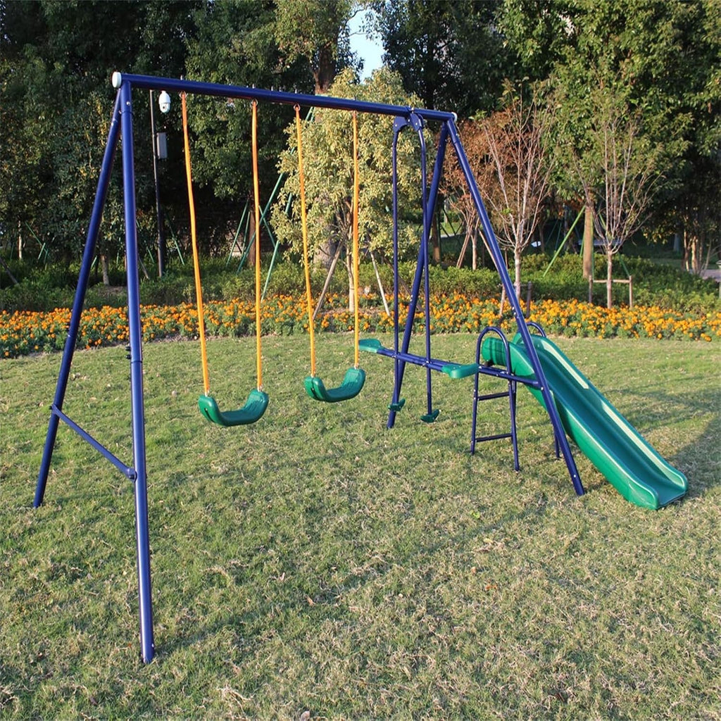 Heavy Duty A-Frame Metal Swing Set with Slide, 2 Weather-Resistant Seats, Easy Assembly, Perfect for Kids Ages 3-8