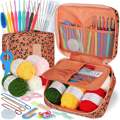 Crochet Kit Beginners Crochet Hook Set with Crochet Yarn,58PCS Portable Crochet Set Ergonomic Crochet Hooks Travel