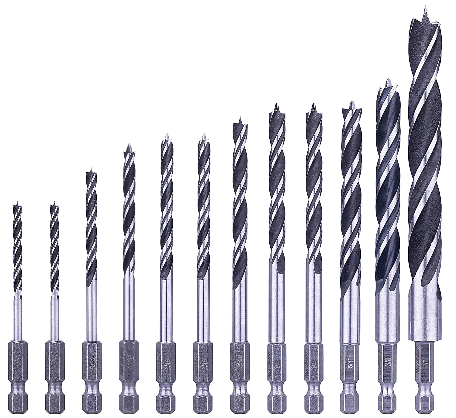 12-Piece Brad Point Wood Drill Bit Set for Carpenter Woodworking, Double Flutes Design with 1/4" Hex Shank, SAE Sizes