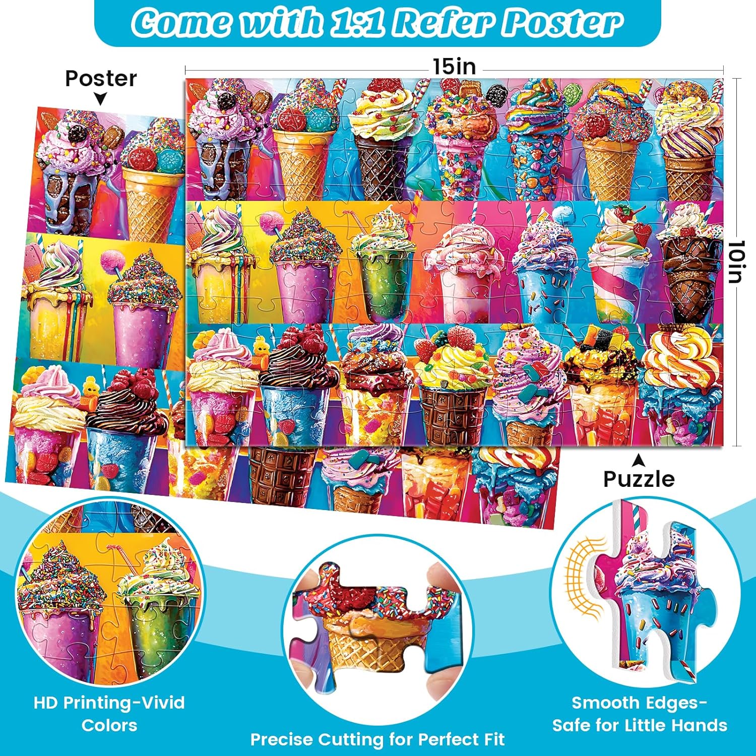 4-Pack 100 Piece Puzzles for Kids Ages 6-8 8-10 - Large Piece Puzzles for Adults Seniors Kids,Dogs Cats Ice Cream