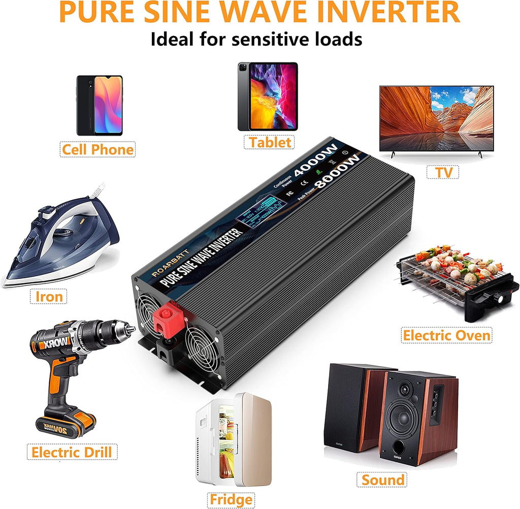 4000W Pure Sine Wave Power Inverter 12V DC to 110V/120V AC, 8000W Peak with Remote Control, 4 AC Outlets, Dual USB