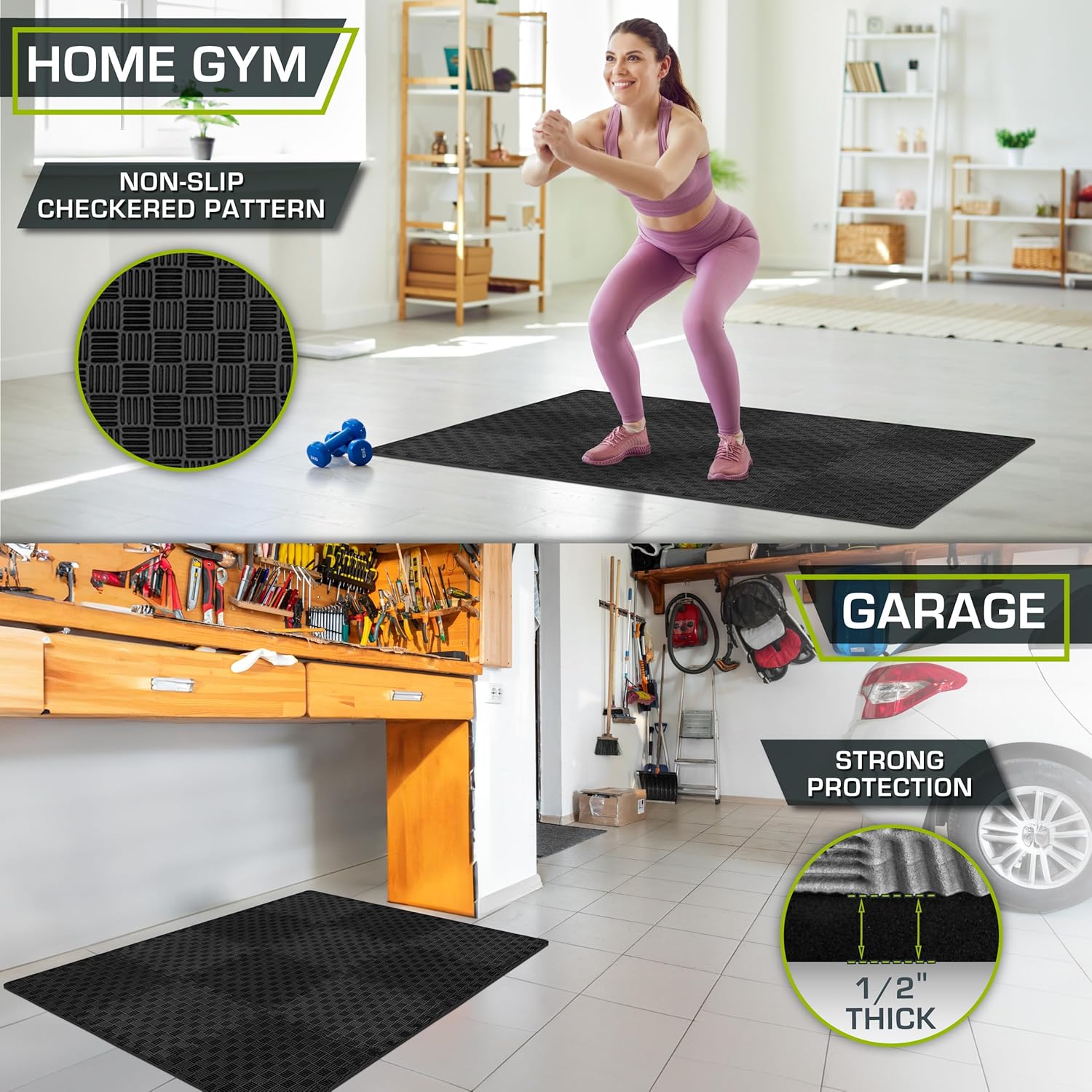 Exercise Puzzle Mat ½-inch, Checkered EVA Foam Floor Tiles w/ Non-Slip Texture, Interlocking Design for Adjustable