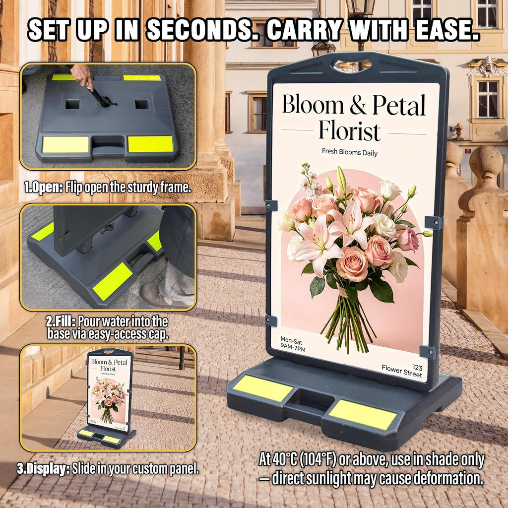 Sidewalk Signs for Advertising, 24"x36" Double Sided Heavy Duty Detachable Outdoor Sign Boards with Fillable Base for