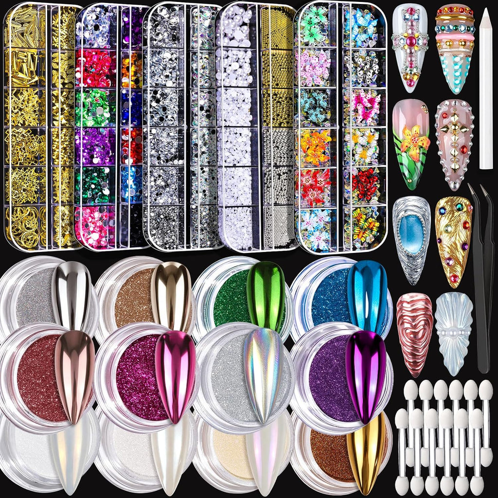 Chrome Nail Powder, Nail Charms, 12Jars Chrome Powder For Nails