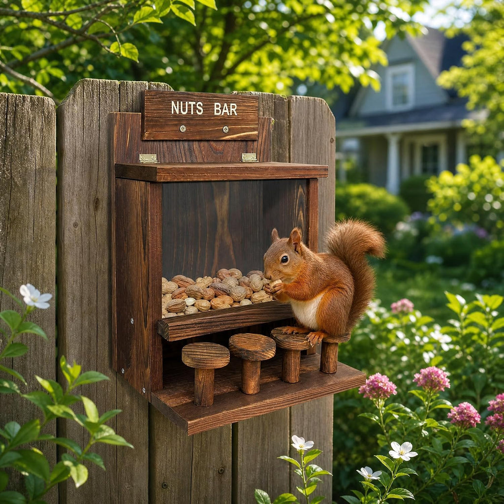 Wooden Squirrel Feeder, Squirrel Bar Feeder with 4 Stools, Large Capacity Outdoor Squirrel Feeder, Weatherproof