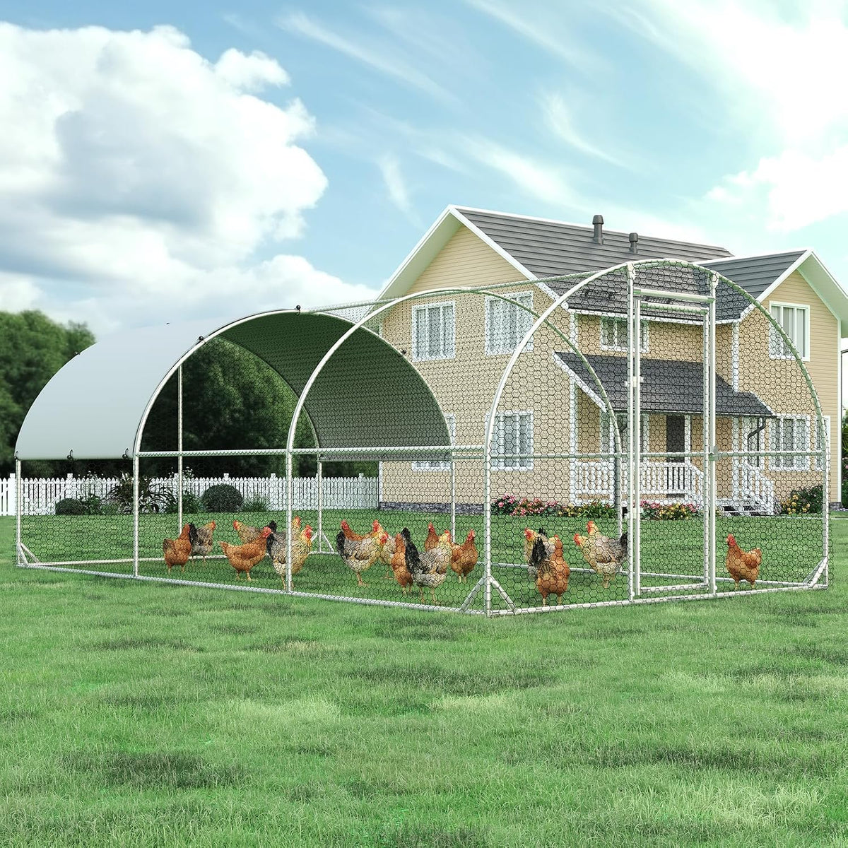 Metal Chicken Coop, 10x20 FT Walk-in Chicken Run Pen Poultry Cage, Water-Resistant & Anti-UV Cover, Large Chicken