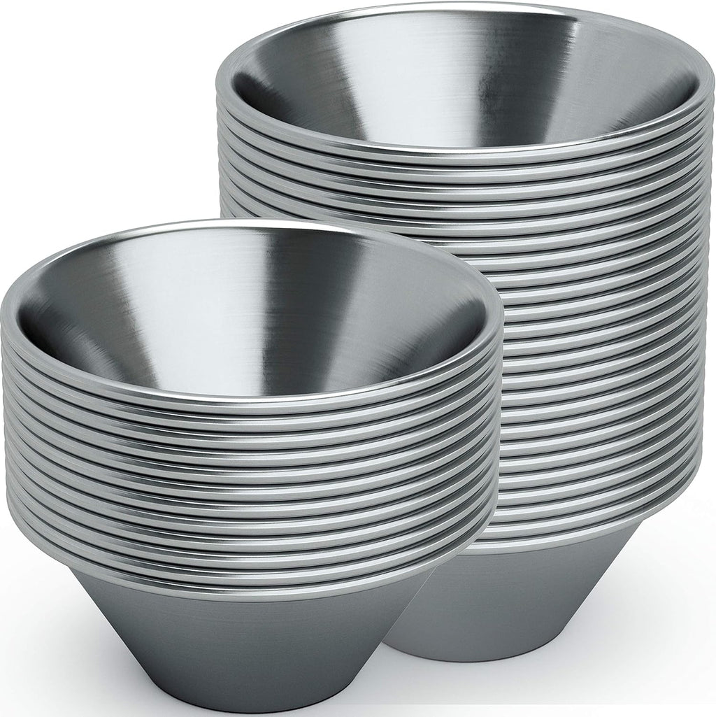 Pro-Grade Stainless Steel 1.5oz Sauce Cups 36 Pk. Reusable Stackable Metal Portion Containers for Sampling, Salad