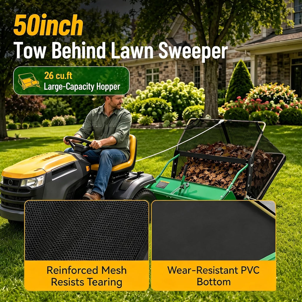 50" Lawn Sweeper Tow Behind, 26 Cu. Ft. Large Capacity Leaf Collector