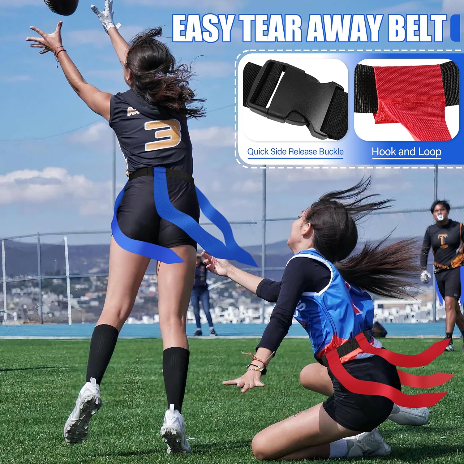 14-Player Flag Football Belts with 42 Flags For Kids, Youth & Adult | Two-Color, One Size Fits All, Quick-Release