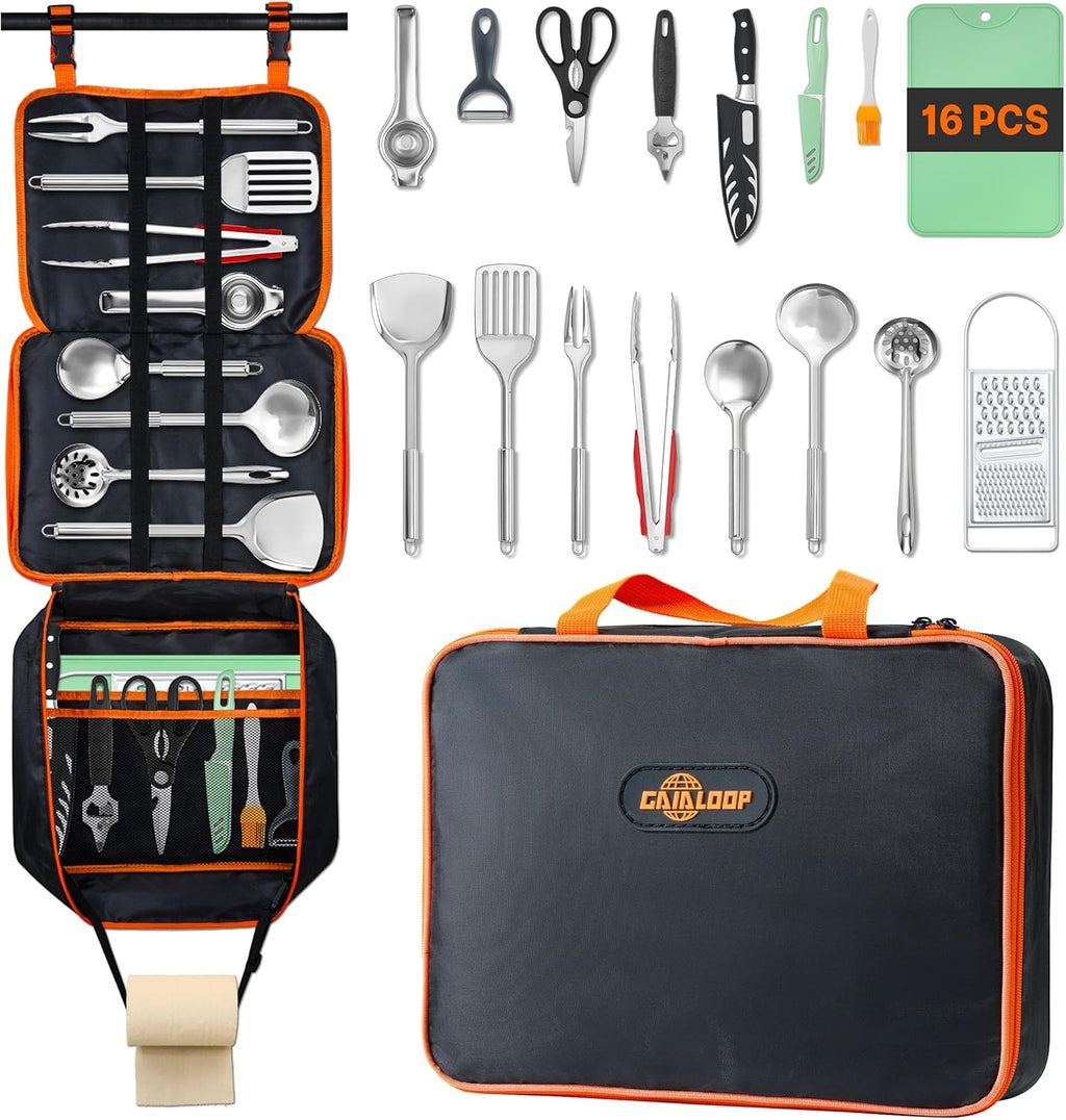 Portable Camping Cooking Utensils Set, Camp Kitchen Set with Organizer Bag, RV Essentials Outdoor Cooking Utensil Kit