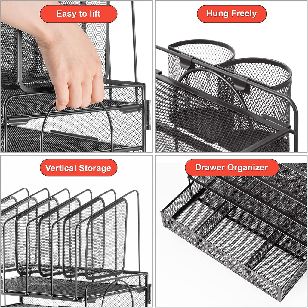 Desk organizer with Drawer, 4-Tier Mesh File Organizer with 5 Vertical File Holders and 2 Pen Holders, Multifunction
