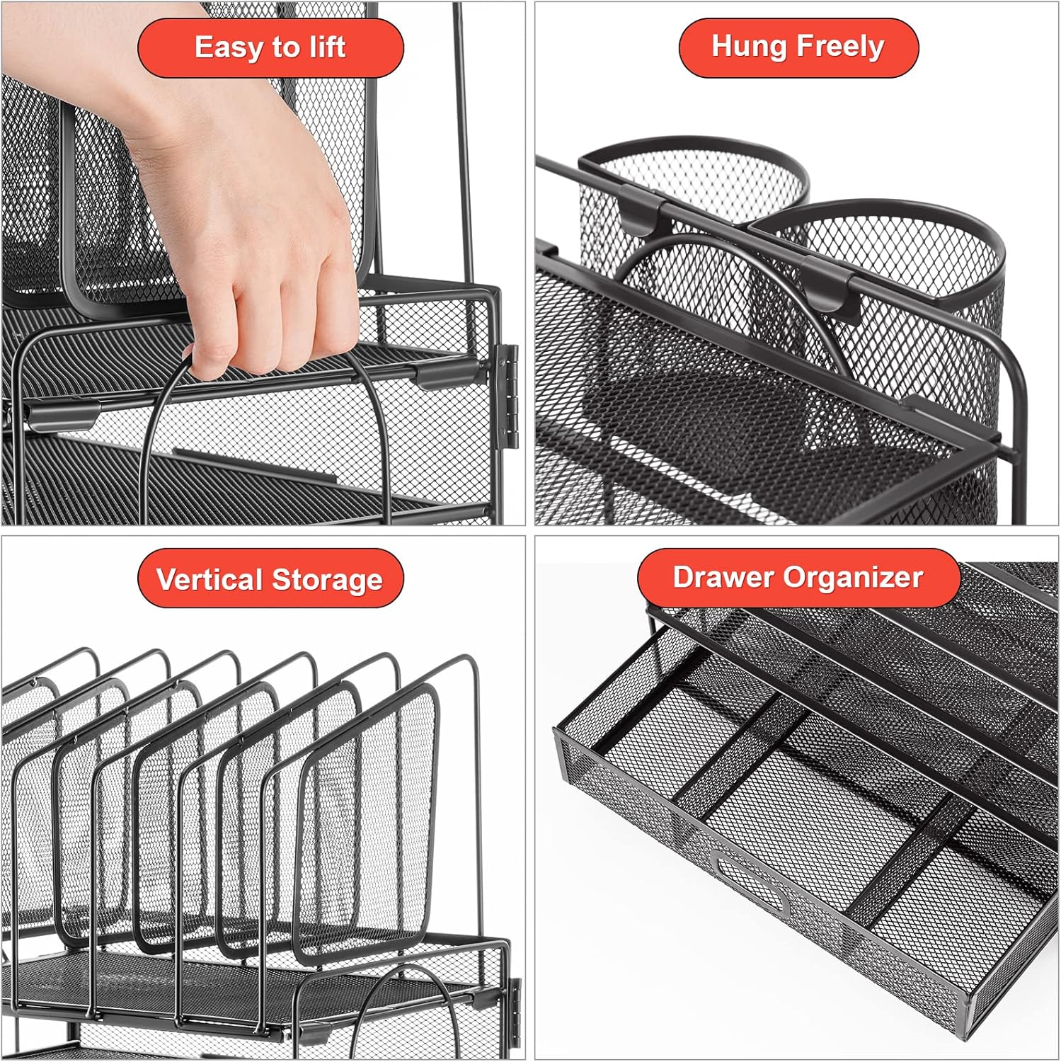Desk organizer with Drawer, 4-Tier Mesh File Organizer with 5 Vertical File Holders and 2 Pen Holders, Multifunction