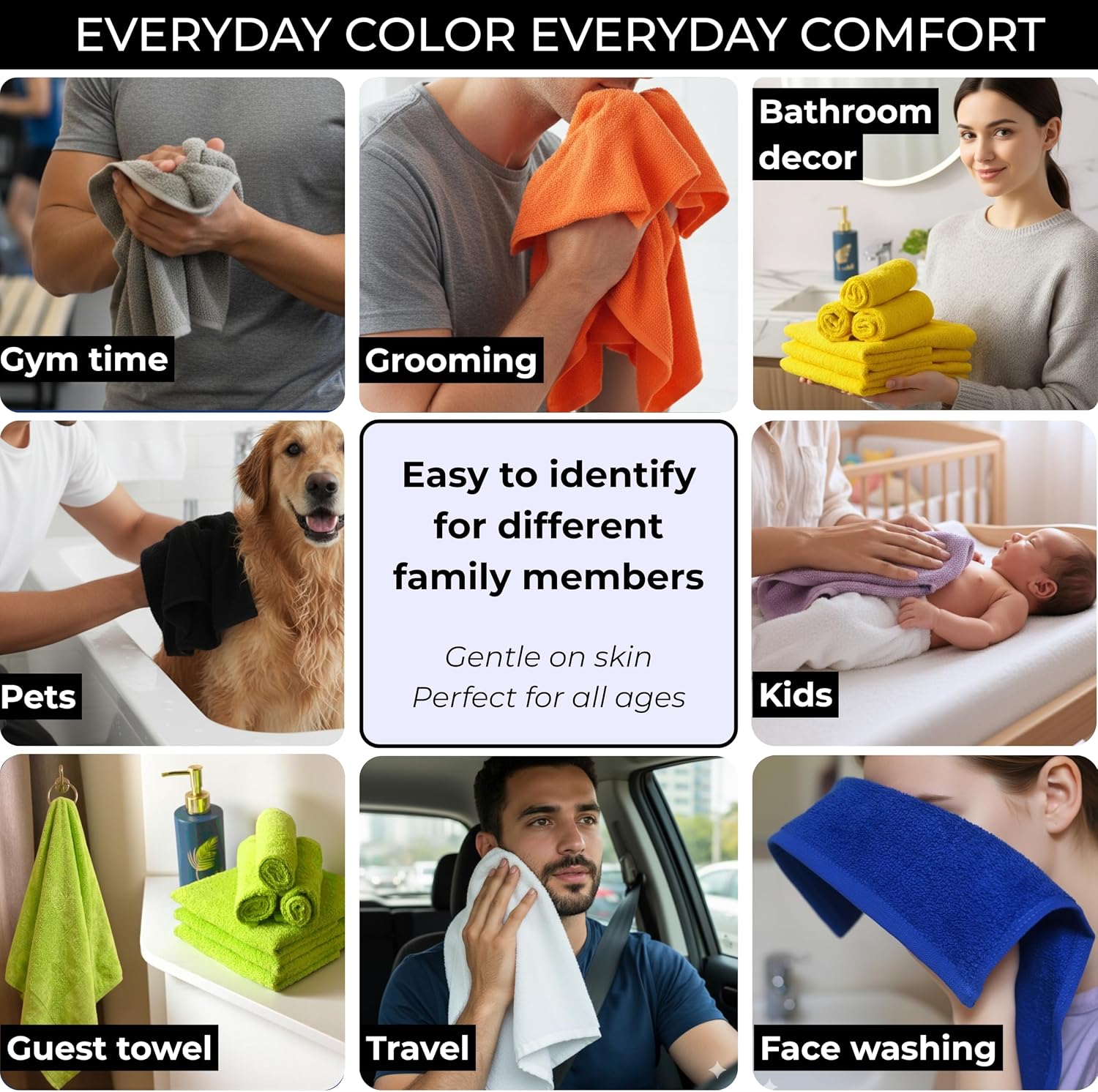 100% Cotton Wash Cloths for Showering Body and Face - 12"X12" Set of 12 Washcloths Variety Colors Pack - Small Terry