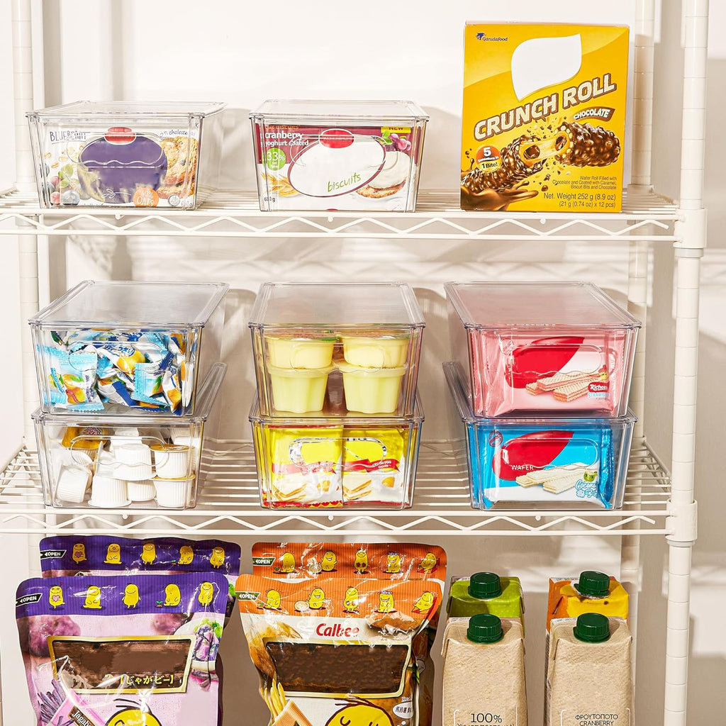 8pcs Clear Organizers and Storage Bins with Lids, Stackable Plastic Storage Containers with Handles for Fridge